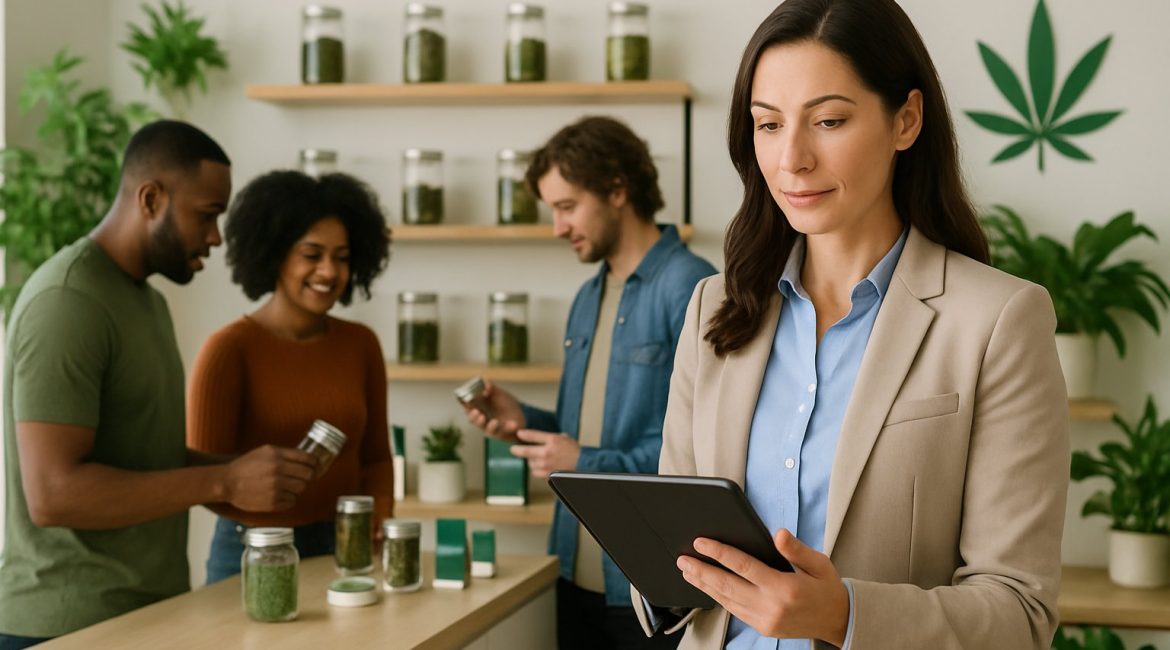 A confident businesswoman holding a tablet in a modern cannabis dispensary with diverse customers browsing products on shelves.