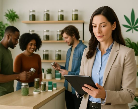 A confident businesswoman holding a tablet in a modern cannabis dispensary with diverse customers browsing products on shelves.