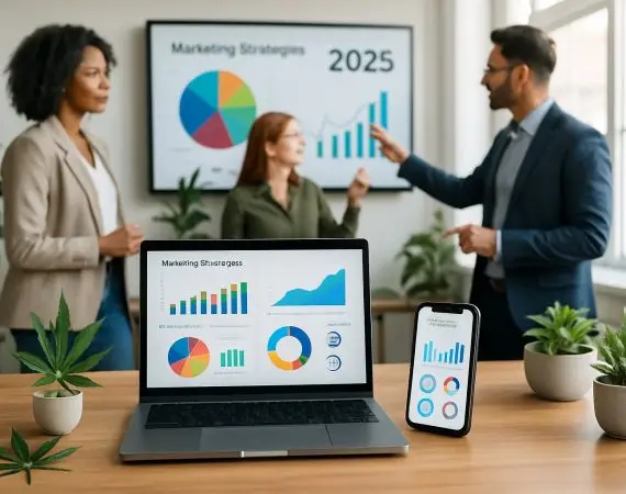 A group of professionals in a modern office discussing marketing data on a laptop and large screen, with cannabis leaves and plants nearby.