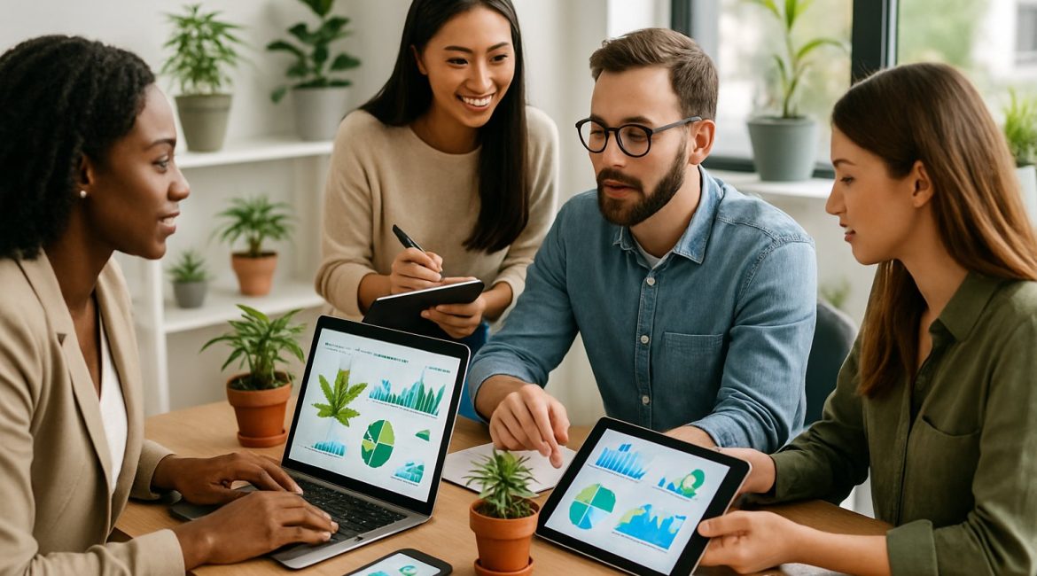 A group of professionals working together in a bright office with laptops and cannabis plants on the desk, discussing digital marketing strategies.