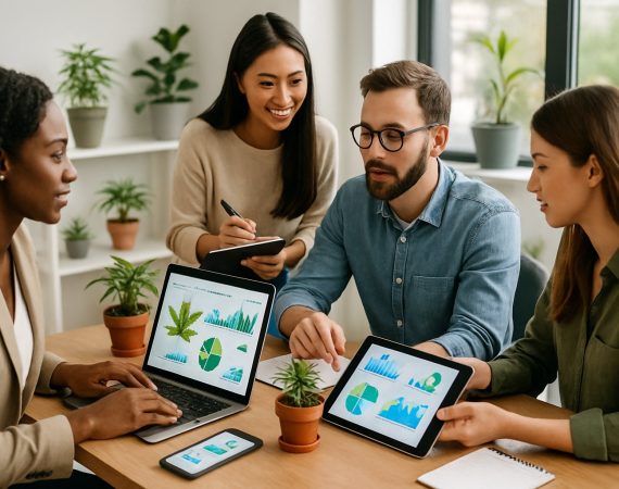 A group of professionals working together in a bright office with laptops and cannabis plants on the desk, discussing digital marketing strategies.