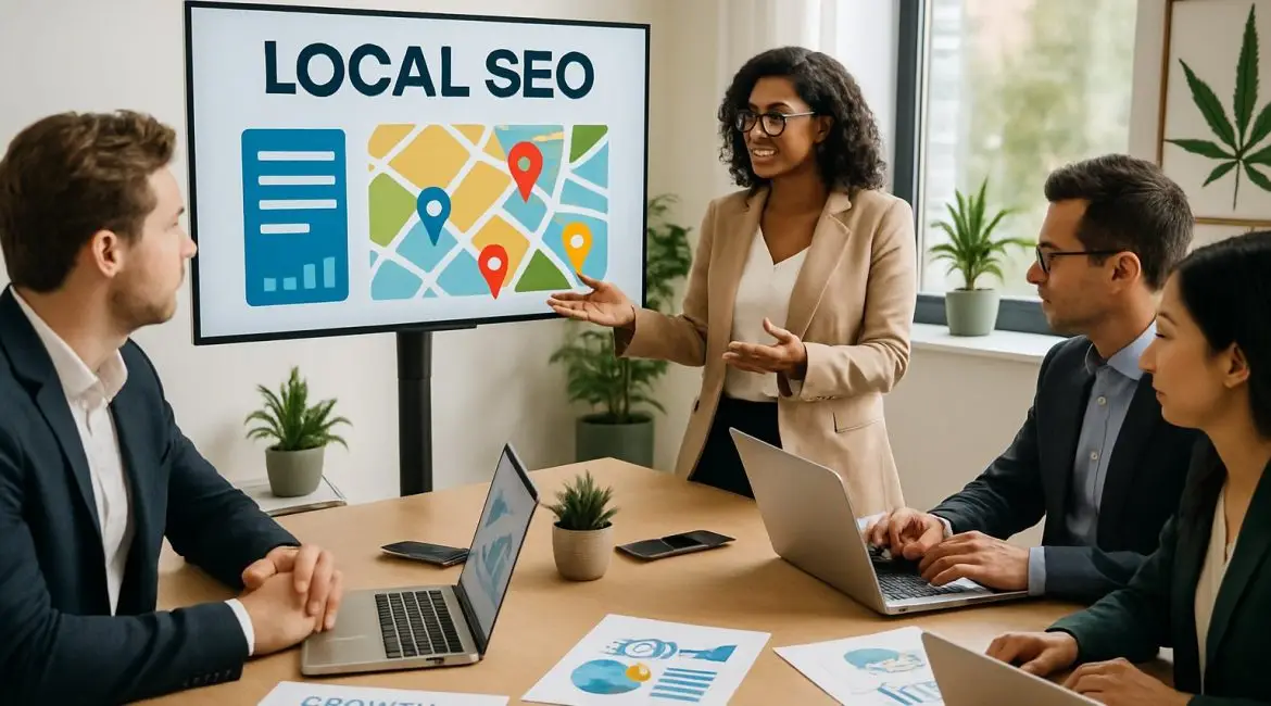 Business professionals collaborating around a digital map in an office, planning local SEO strategies for a cannabis business.