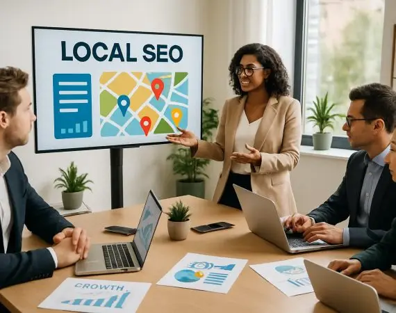 Business professionals collaborating around a digital map in an office, planning local SEO strategies for a cannabis business.