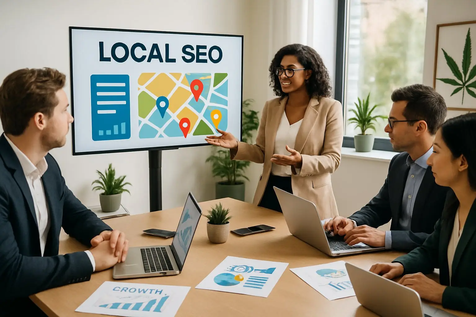 Business professionals collaborating around a digital map in an office, planning local SEO strategies for a cannabis business.