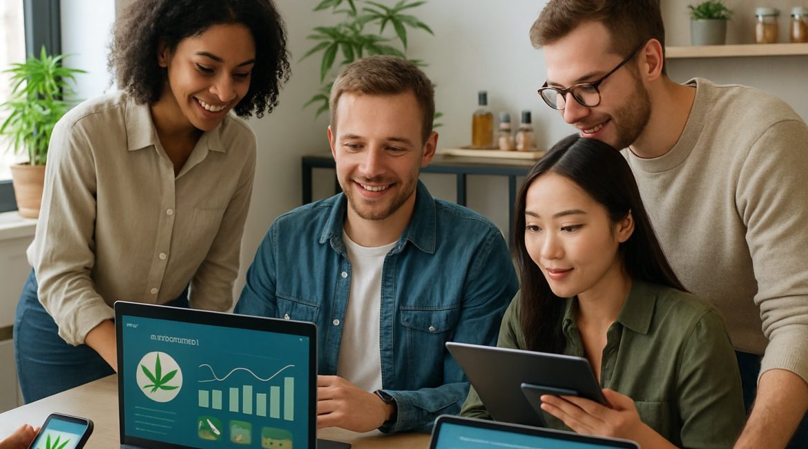 A group of professionals working together at a desk with laptops and tablets showing email marketing content related to cannabis products.