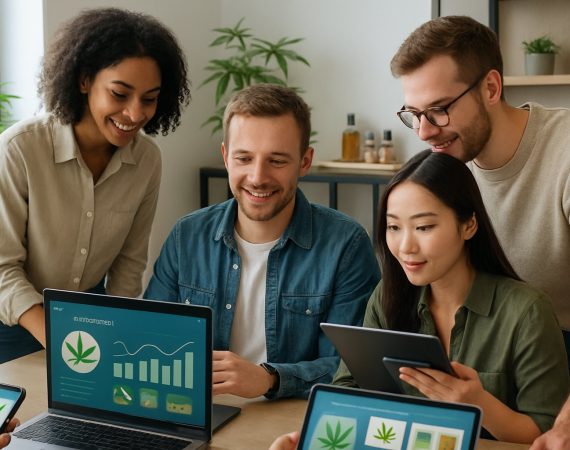 A group of professionals working together at a desk with laptops and tablets showing email marketing content related to cannabis products.