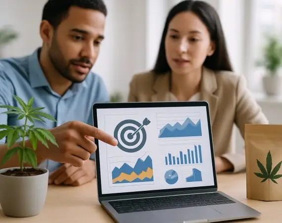 Two professionals discussing marketing data on a laptop in a bright office with a small cannabis plant and cannabis product packaging nearby.