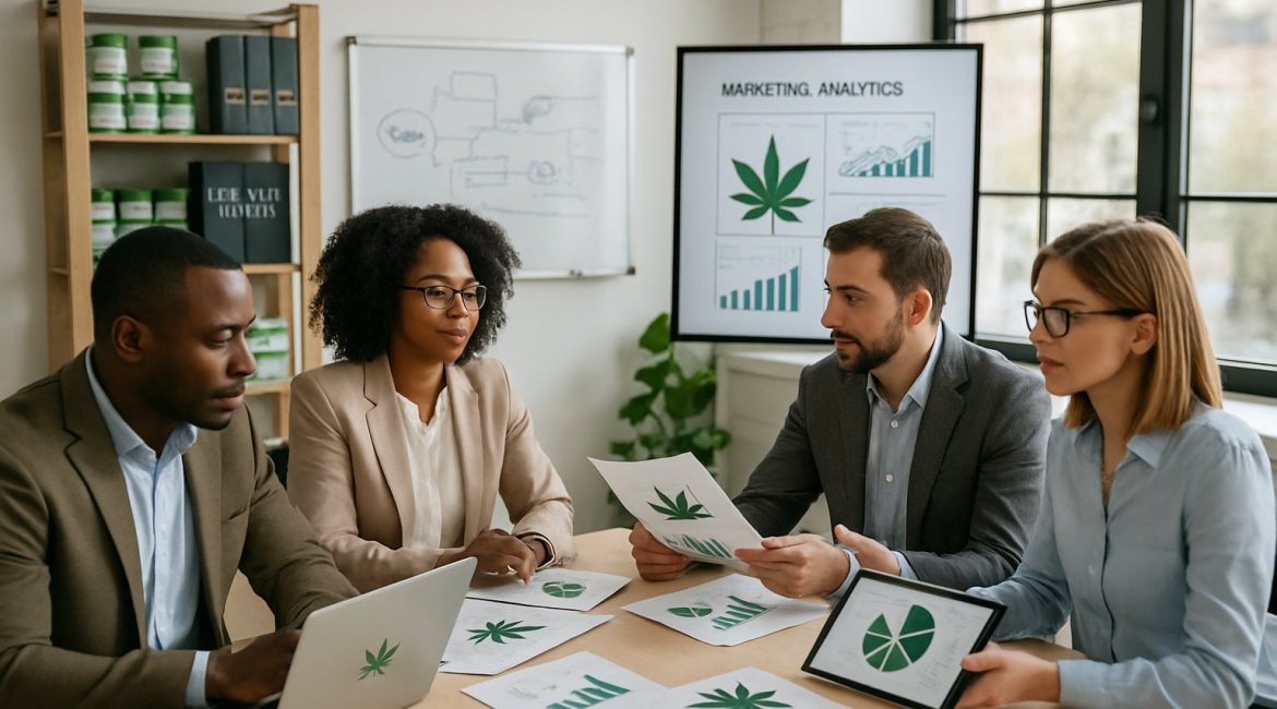 Business professionals collaborating in an office meeting with cannabis products and marketing materials visible.