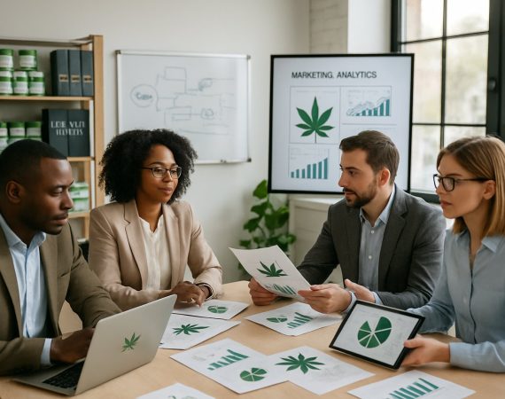 Business professionals collaborating in an office meeting with cannabis products and marketing materials visible.