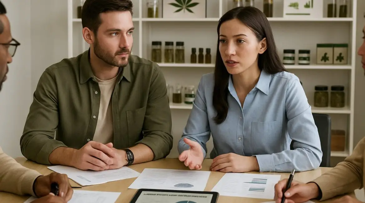 A group of professionals discussing documents and digital charts about cannabis advertising in a modern dispensary office.