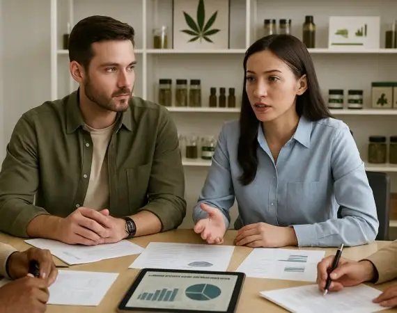A group of professionals discussing documents and digital charts about cannabis advertising in a modern dispensary office.