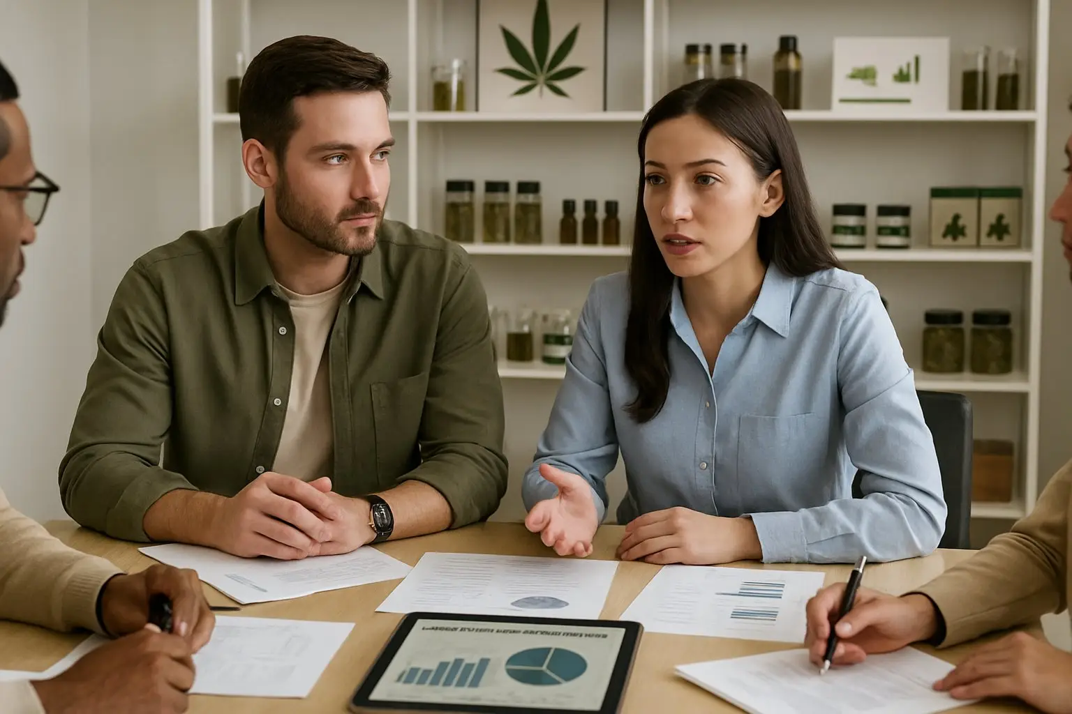 A group of professionals discussing documents and digital charts about cannabis advertising in a modern dispensary office.