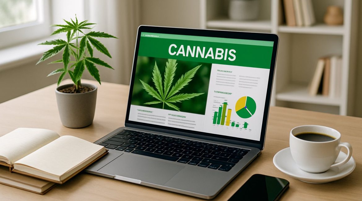 A bright workspace with a laptop, notebooks, a smartphone, a coffee cup, and a small cannabis plant on the desk.