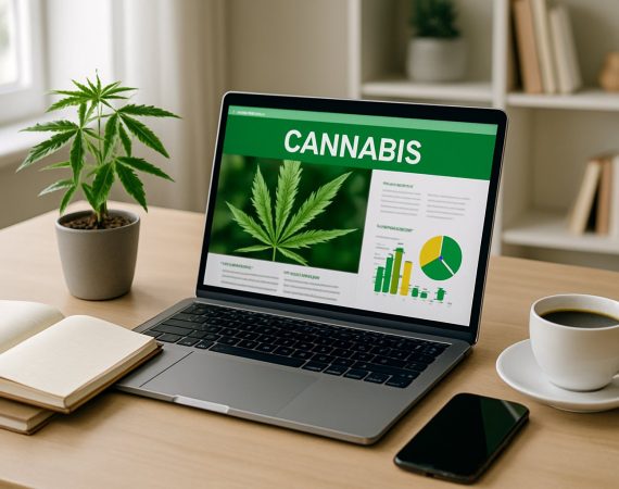 A bright workspace with a laptop, notebooks, a smartphone, a coffee cup, and a small cannabis plant on the desk.