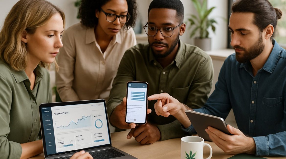 A group of professionals working together in an office, using laptops and smartphones to set up SMS promotions for cannabis dispensaries.