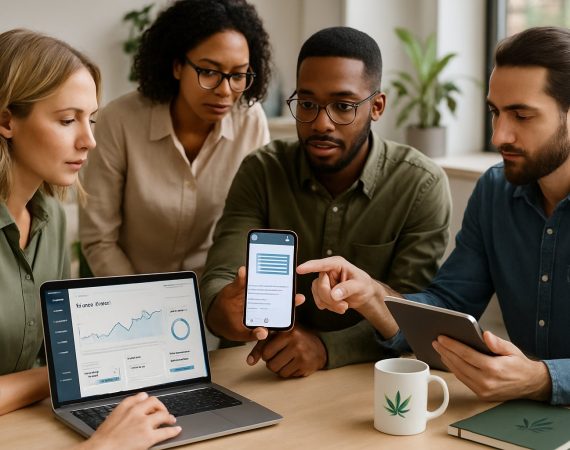 A group of professionals working together in an office, using laptops and smartphones to set up SMS promotions for cannabis dispensaries.