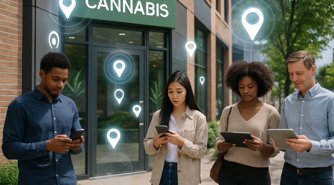 A cannabis dispensary storefront in a city with people using smartphones nearby, showing digital location markers around the building.