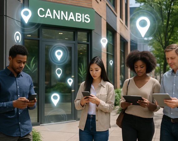 A cannabis dispensary storefront in a city with people using smartphones nearby, showing digital location markers around the building.