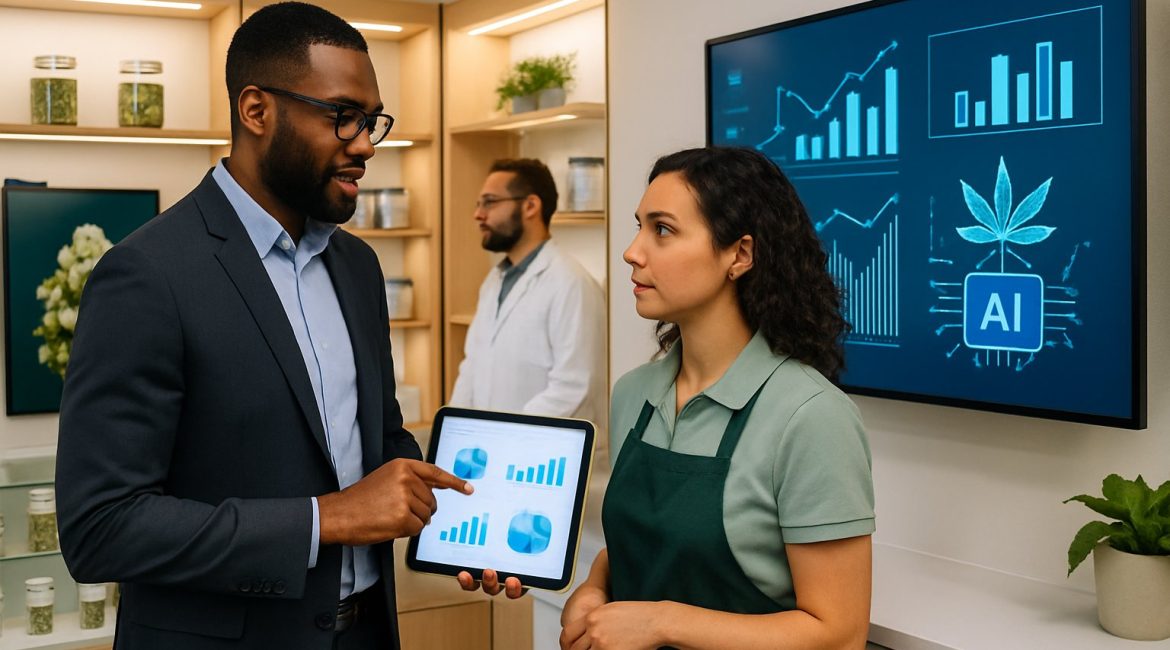 People in a modern cannabis dispensary using digital devices to review marketing data with cannabis products displayed around them.