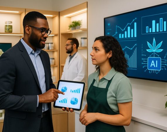 People in a modern cannabis dispensary using digital devices to review marketing data with cannabis products displayed around them.