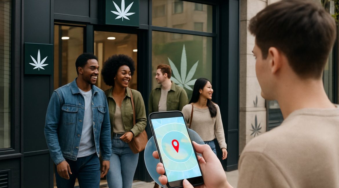 People entering a cannabis dispensary while a person uses a smartphone showing a digital map with highlighted areas nearby.