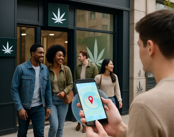 People entering a cannabis dispensary while a person uses a smartphone showing a digital map with highlighted areas nearby.