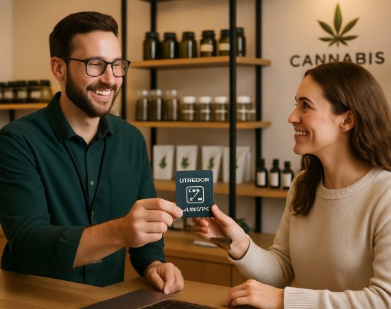 A dispensary employee hands a loyalty card to a smiling customer at the counter inside a well-organized dispensary.