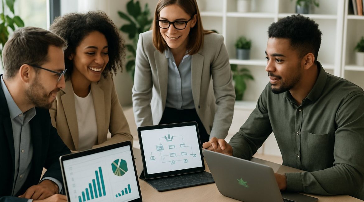A group of professionals working together in a modern office with laptops and tablets showing data and charts related to cannabis marketing.