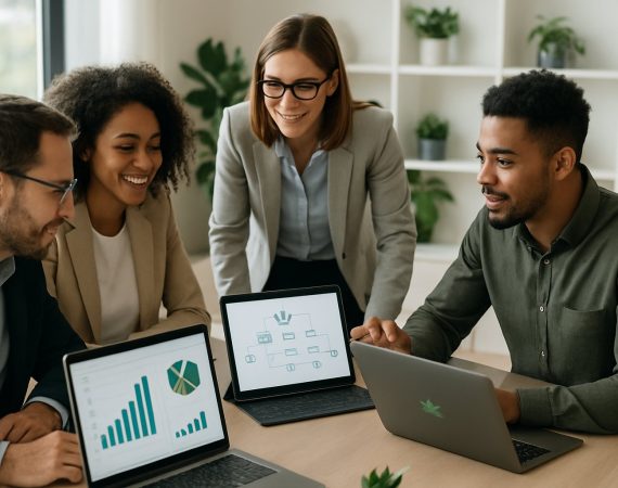 A group of professionals working together in a modern office with laptops and tablets showing data and charts related to cannabis marketing.