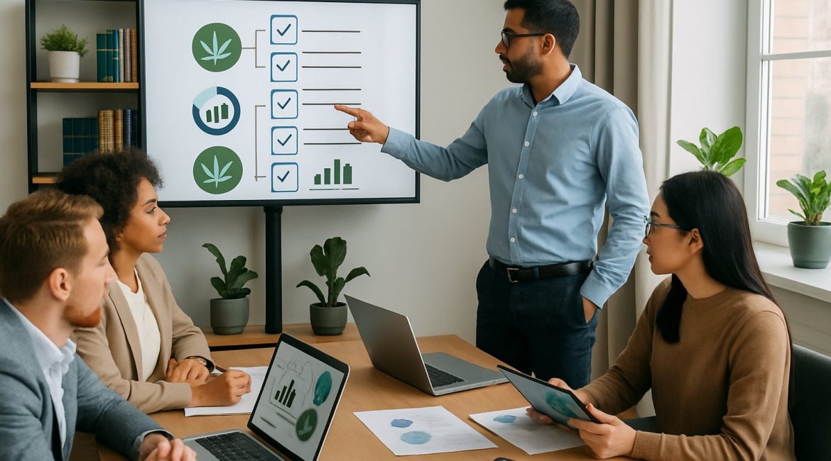 A group of professionals in a meeting room reviewing cannabis advertising compliance with laptops and charts on a screen.