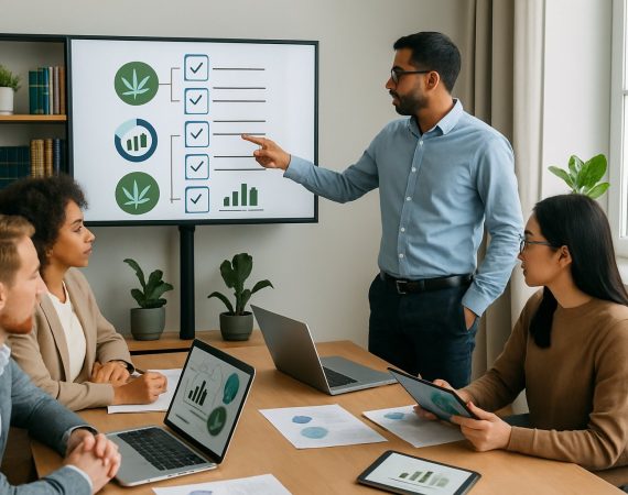 A group of professionals in a meeting room reviewing cannabis advertising compliance with laptops and charts on a screen.