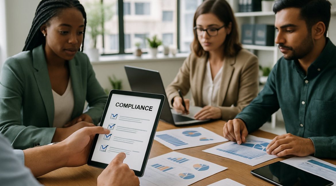 A group of professionals in an office meeting, reviewing documents and digital devices related to dispensary marketing compliance.