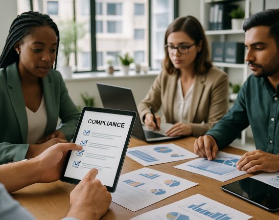 A group of professionals in an office meeting, reviewing documents and digital devices related to dispensary marketing compliance.