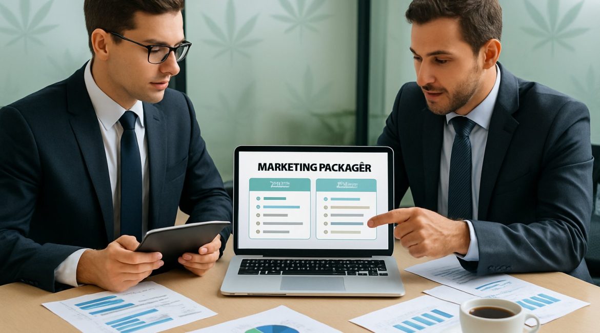 Two professionals discussing marketing packages at a desk with a laptop and tablet in a modern office setting with subtle cannabis leaf decor.