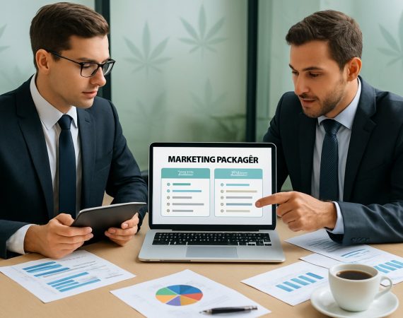 Two professionals discussing marketing packages at a desk with a laptop and tablet in a modern office setting with subtle cannabis leaf decor.
