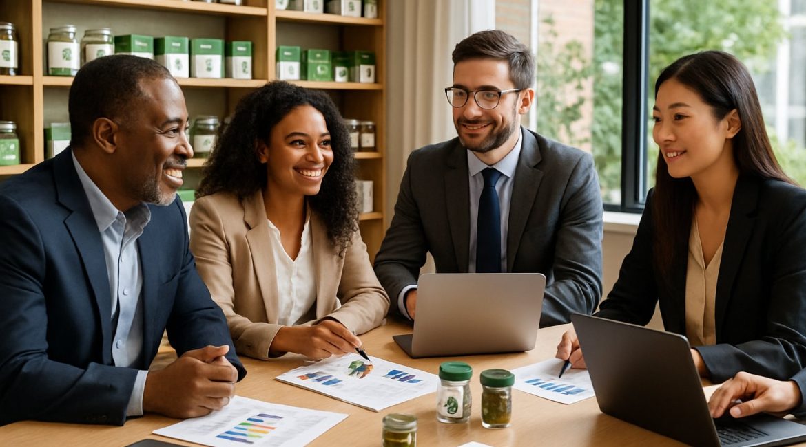 Business professionals collaborating in a cannabis dispensary with product shelves and laptops on a conference table.
