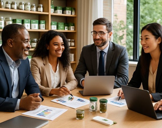 Business professionals collaborating in a cannabis dispensary with product shelves and laptops on a conference table.