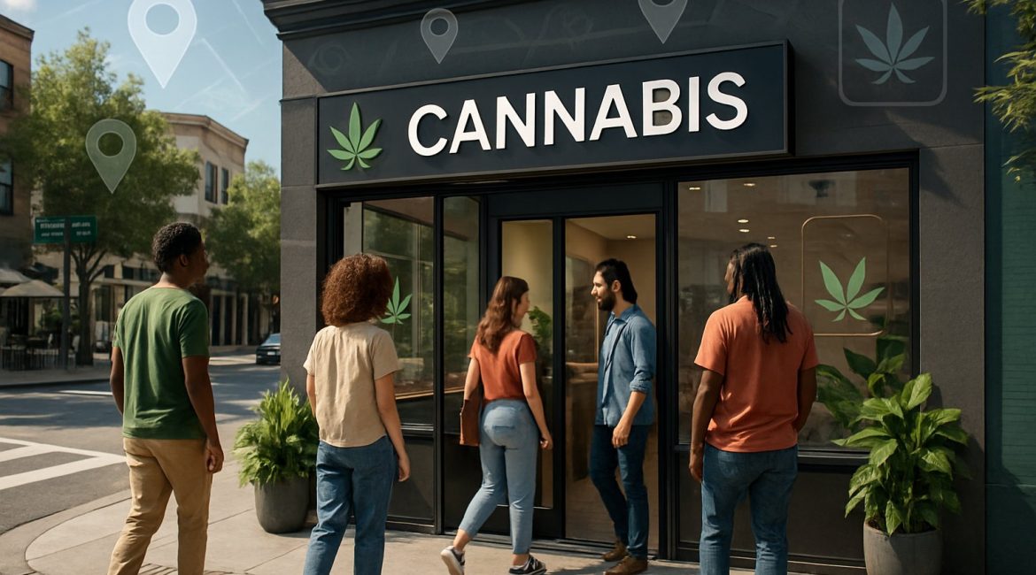 A cannabis dispensary storefront with local customers interacting outside in an urban neighborhood during daytime.
