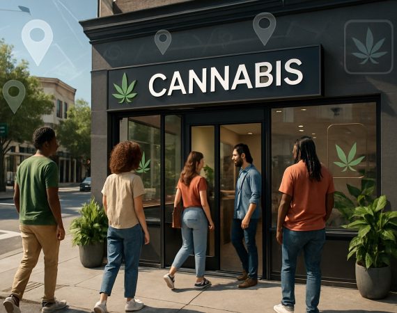 A cannabis dispensary storefront with local customers interacting outside in an urban neighborhood during daytime.