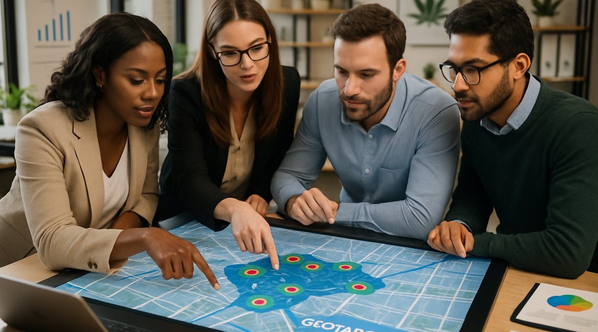 A diverse team of marketing professionals collaborating around a digital touchscreen table displaying a map with highlighted geotargeting data points in a modern office.