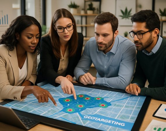 A diverse team of marketing professionals collaborating around a digital touchscreen table displaying a map with highlighted geotargeting data points in a modern office.