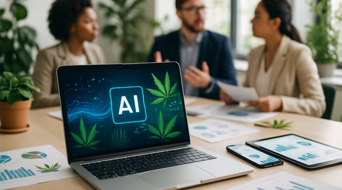 A group of professionals working together at a desk with a laptop and digital devices showing data, surrounded by cannabis plants.