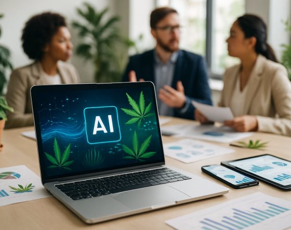 A group of professionals working together at a desk with a laptop and digital devices showing data, surrounded by cannabis plants.