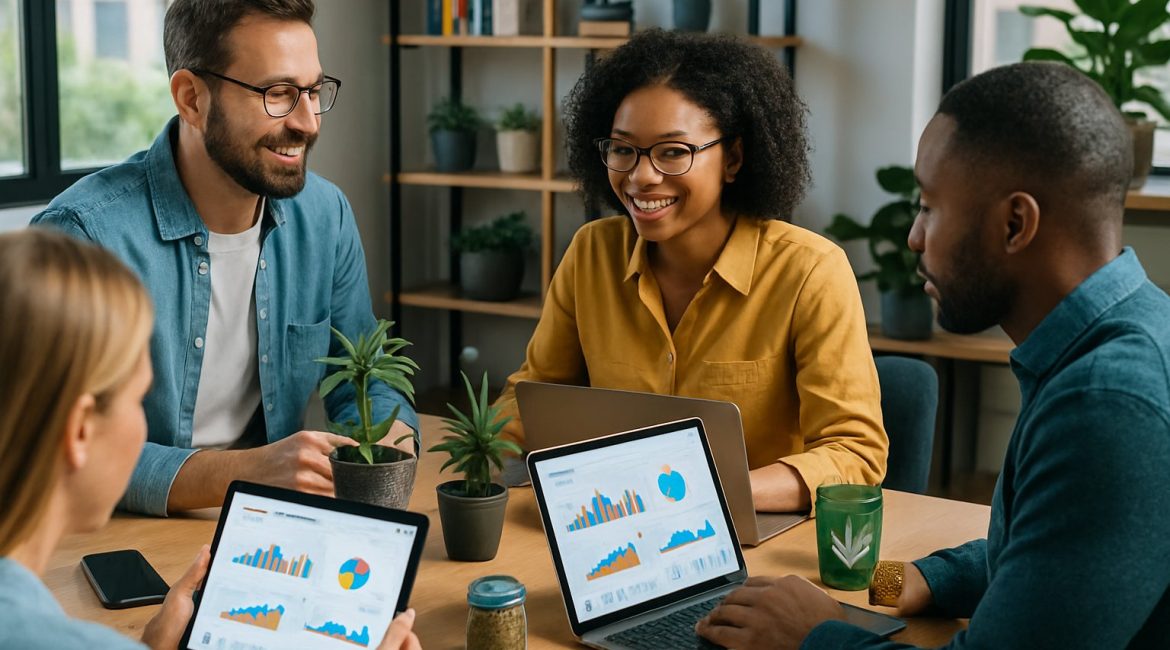 A group of professionals collaborating around a table with laptops and cannabis-related items in a bright office setting.